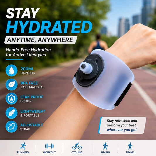 Wristband water bottle for hands-free hydration while running and fitness