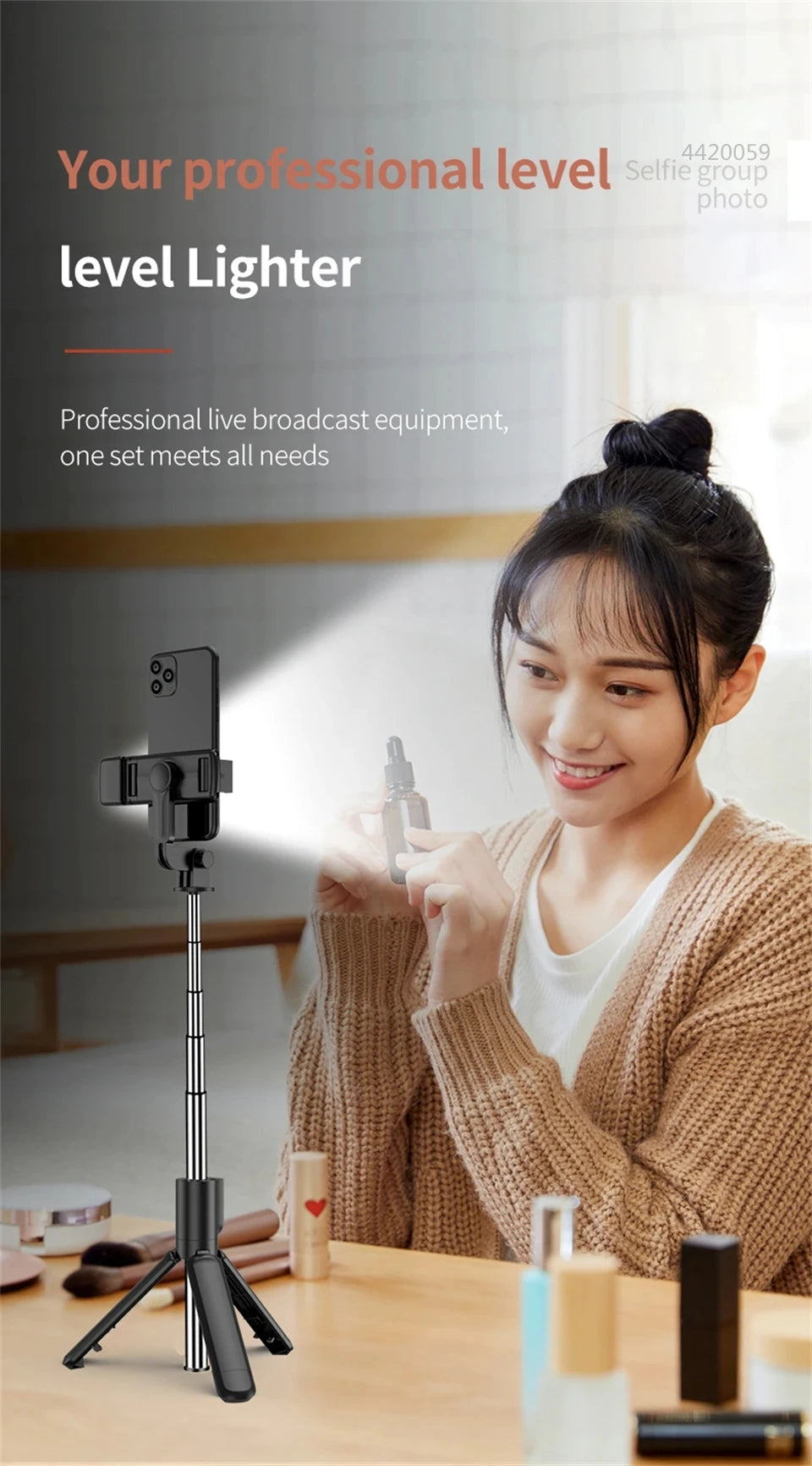 Bluetooth Selfie Stick Tripod with Fill Light – Wireless Remote