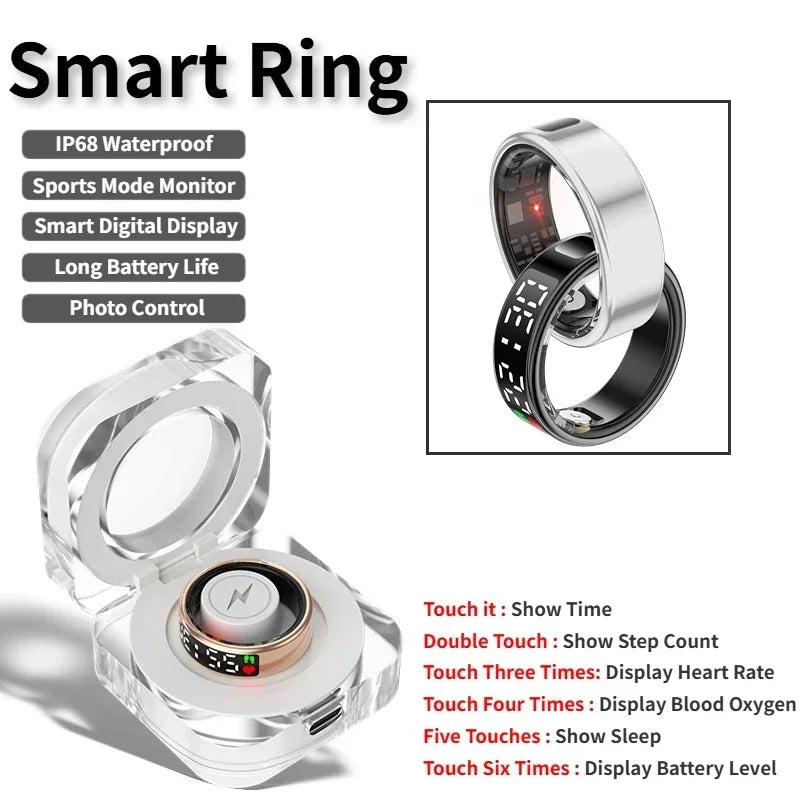 Smart ring with digital display and features listed on a white background