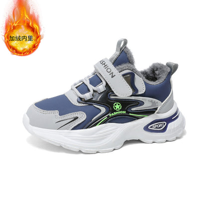 Boys Winter Leather Sneakers – Warm Fleece-Lined Running & Snow Shoes