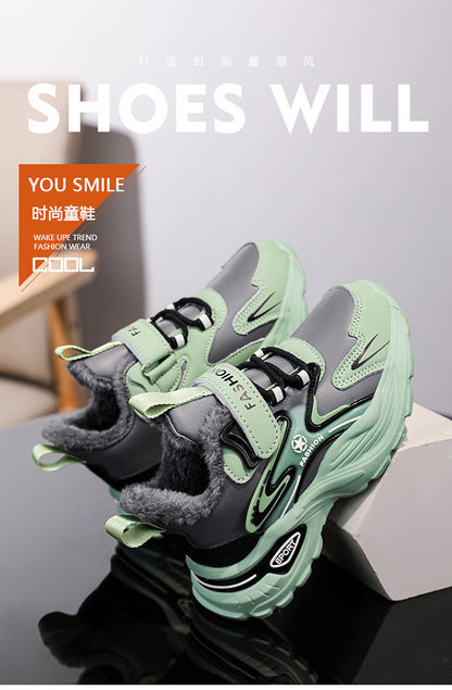 Boys Winter Leather Sneakers – Warm Fleece-Lined Running & Snow Shoes