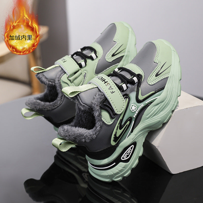 Boys Winter Leather Sneakers – Warm Fleece-Lined Running & Snow Shoes
