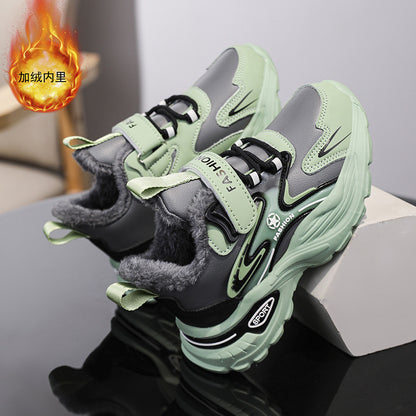 Boys Winter Leather Sneakers – Warm Fleece-Lined Running & Snow Shoes