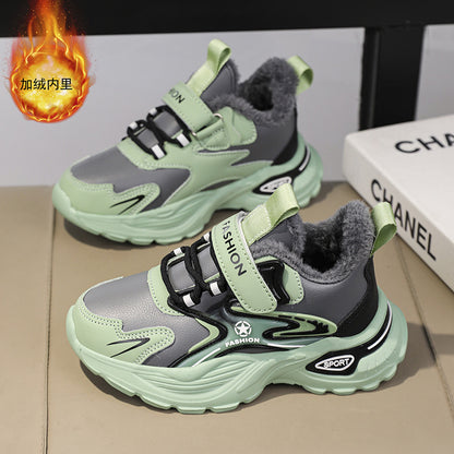 Boys Winter Leather Sneakers – Warm Fleece-Lined Running & Snow Shoes
