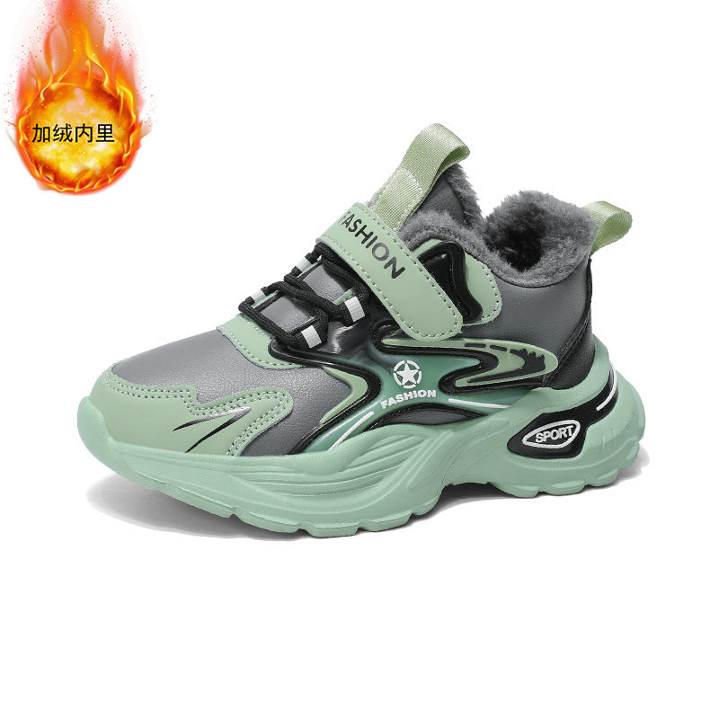 Boys Winter Leather Sneakers – Warm Fleece-Lined Running & Snow Shoes