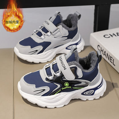 Boys Winter Leather Sneakers – Warm Fleece-Lined Running & Snow Shoes
