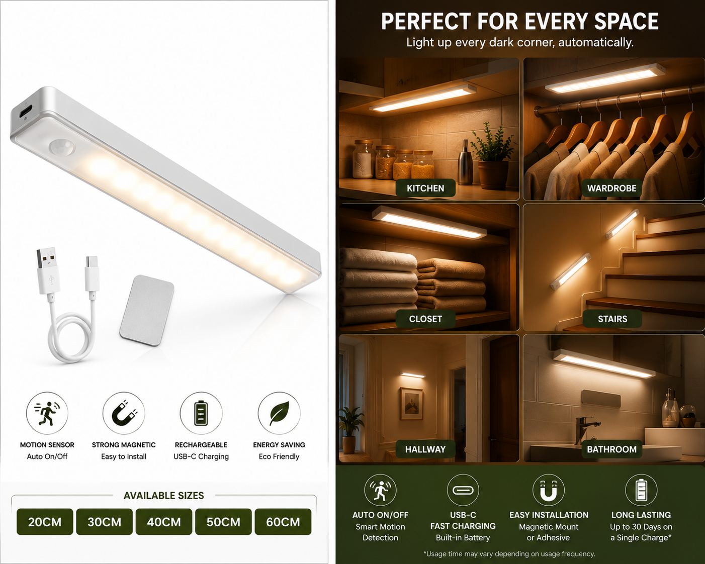 OneClickSmart rechargeable motion sensor cabinet light for kitchen, wardrobe, closet, stairs, hallway, and bathroom with USB-C charging.
