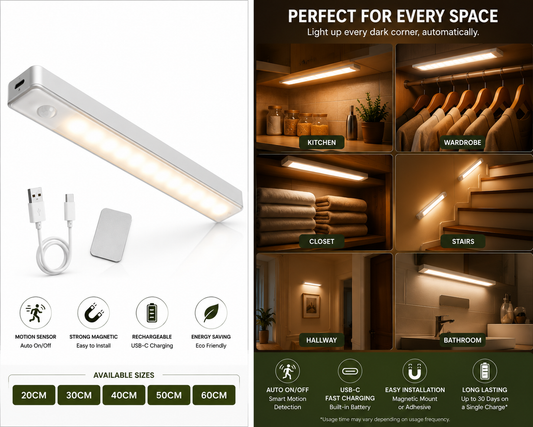 OneClickSmart rechargeable motion sensor cabinet light for kitchen, wardrobe, closet, stairs, hallway, and bathroom with USB-C charging.