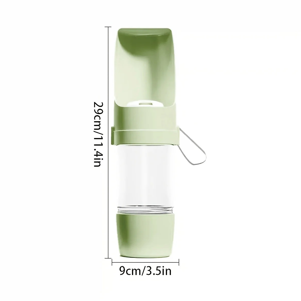 Green and clear water bottle with measurements on a white background