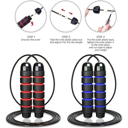 Instructions for adjusting a jump rope with two different color options.