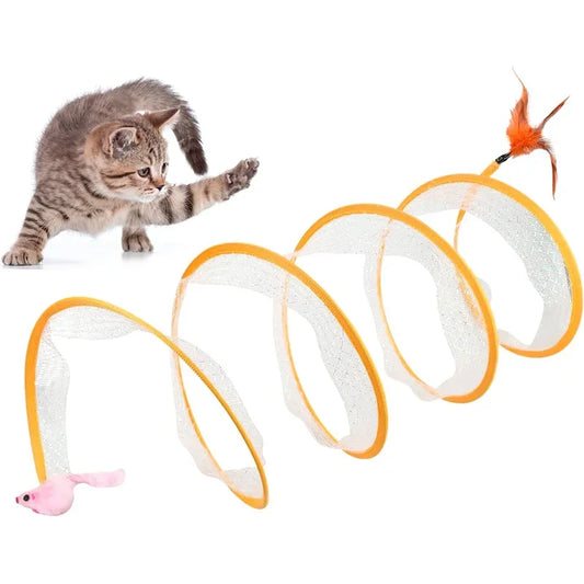 Foldable S-Type Cat Tunnel Toy with crinkle balls for interactive cat play, hiding, running, and exercise with soft durable material.