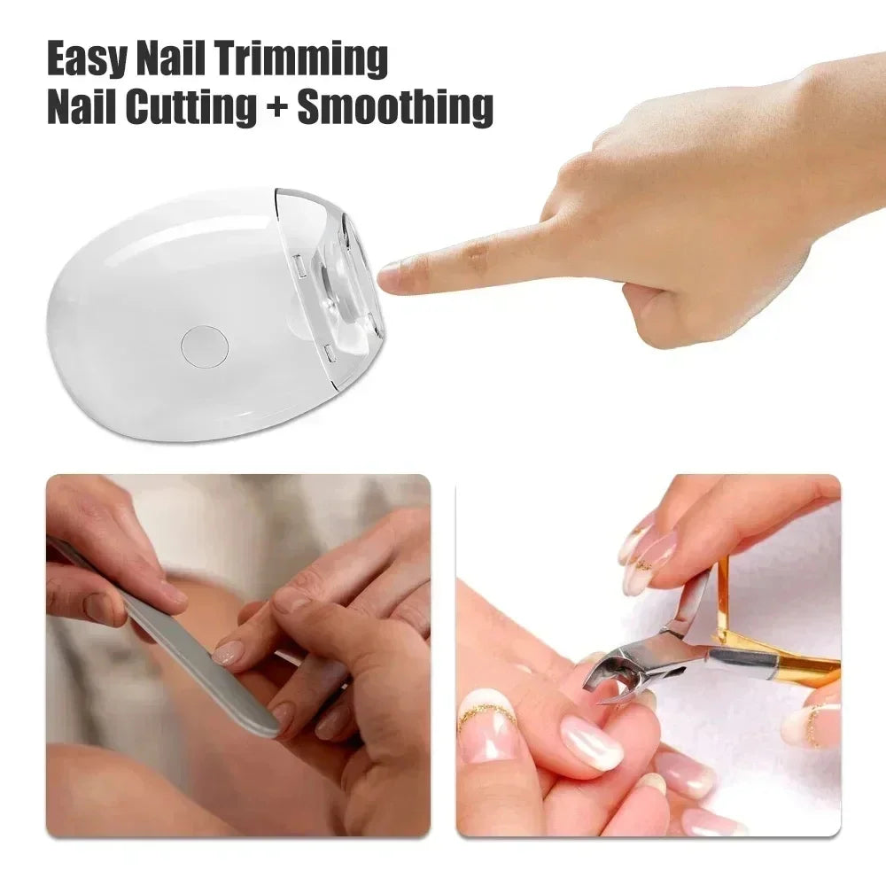 A white oval nail trimmer device shown with text reading 'Easy Nail Trimming Nail Cutting + Smoothing' and three inset photos demonstrating nail cutting, smoothing, and clipping nails.