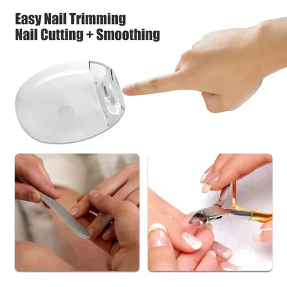 A white oval nail trimmer device shown with text reading 'Easy Nail Trimming Nail Cutting + Smoothing' and three inset photos demonstrating nail cutting, smoothing, and clipping nails.