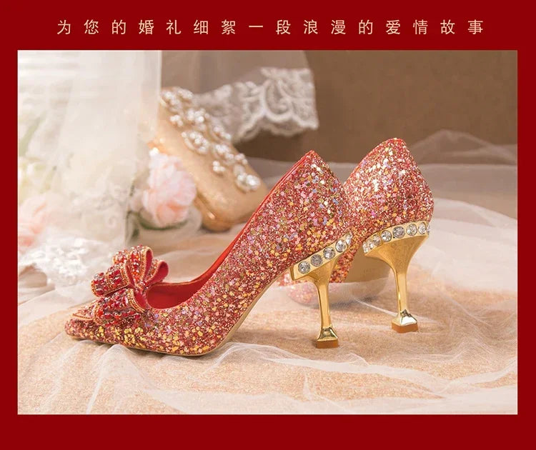 Luxury Women’s Wedding High Heels – Buckle Shoes in Gold, Silver & Red