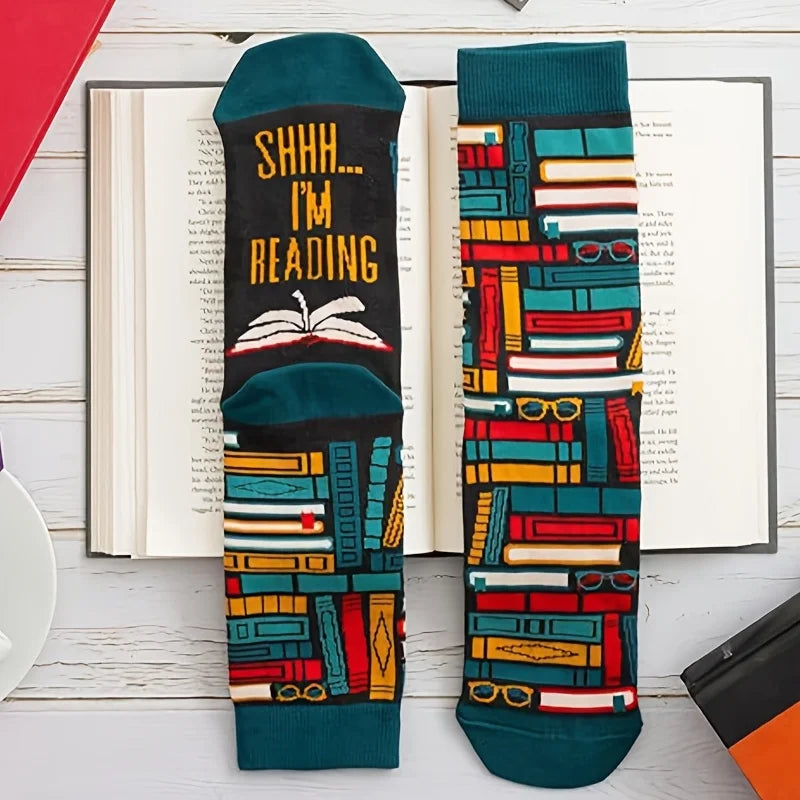 Color block book lover crew socks