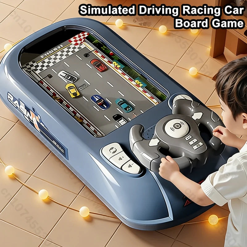 Kids electronic steering wheel driving toy with interactive buttons and realistic driving sounds.