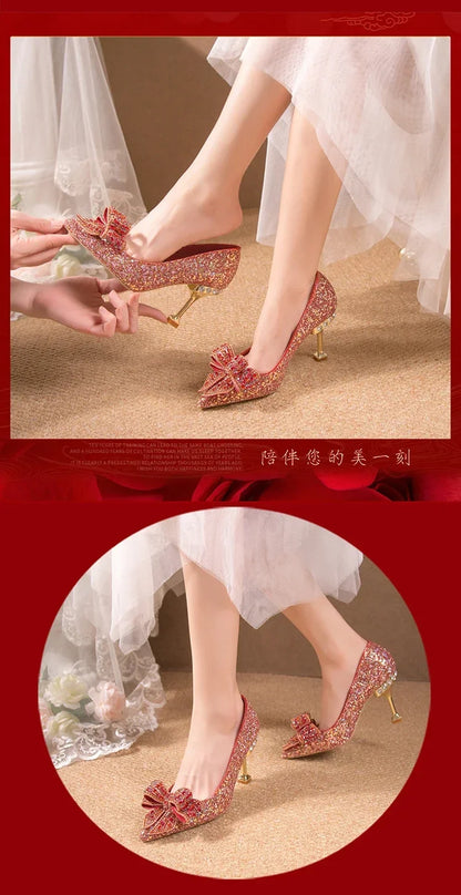 Luxury Women’s Wedding High Heels – Buckle Shoes in Gold, Silver & Red