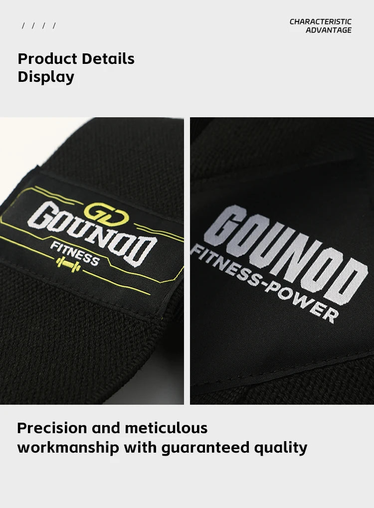 Black fitness belt with 'Goundo Fitness' branding on a white background