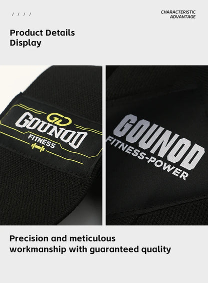 Black fitness belt with 'Goundo Fitness' branding on a white background