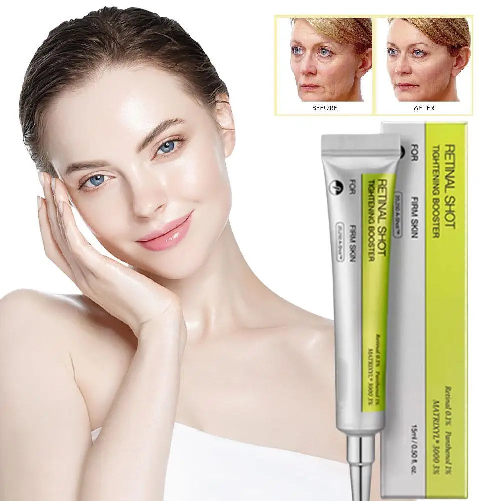 Woman with smooth skin holding her face, with skincare product packaging on a white background