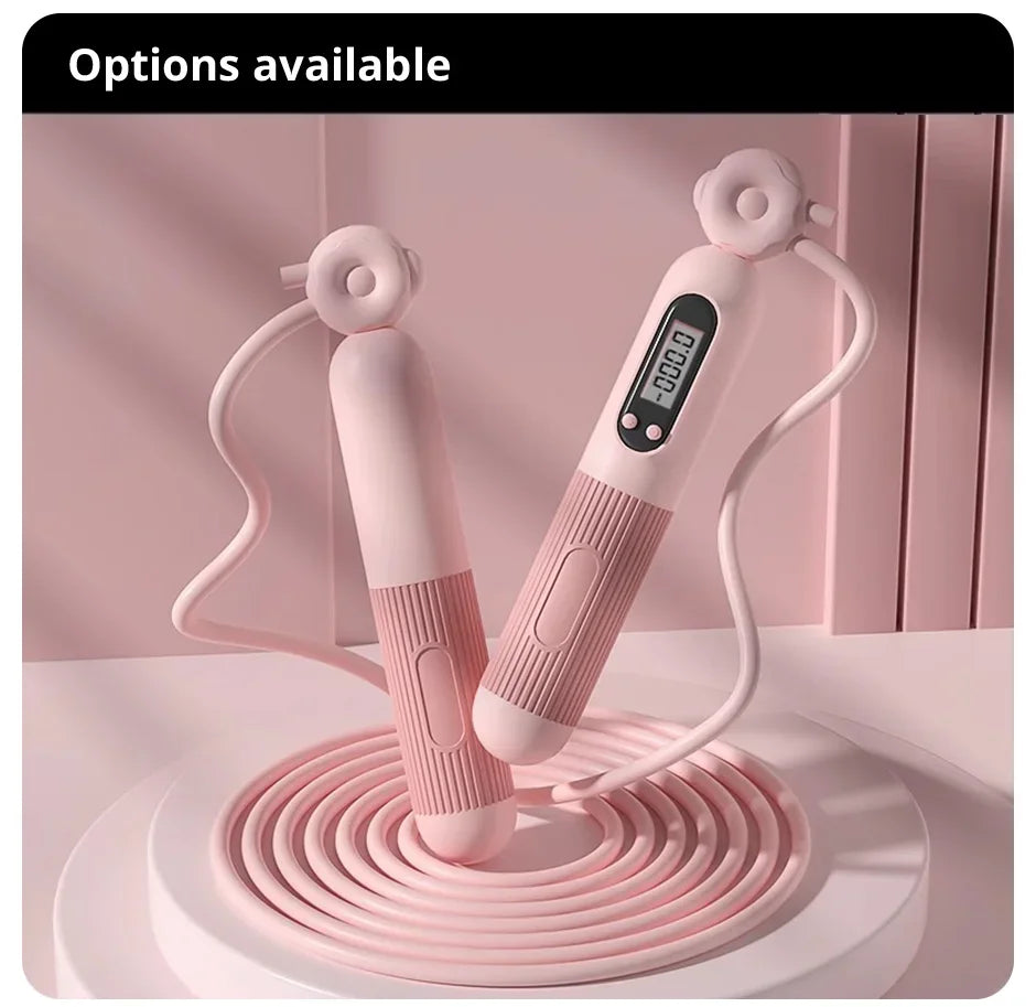 Pink digital jump rope on a pink background with text 'Options available'.