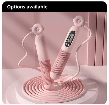 Pink digital jump rope on a pink background with text 'Options available'.