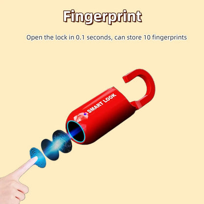 Mini Smart Fingerprint Padlock with biometric fingerprint unlock, compact portable design, and keyless security for luggage, lockers, bags, and cabinets.