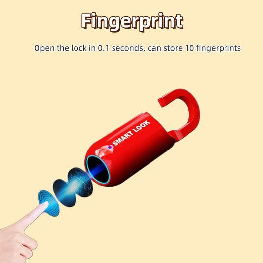 Mini Smart Fingerprint Padlock with biometric fingerprint unlock, compact portable design, and keyless security for luggage, lockers, bags, and cabinets.