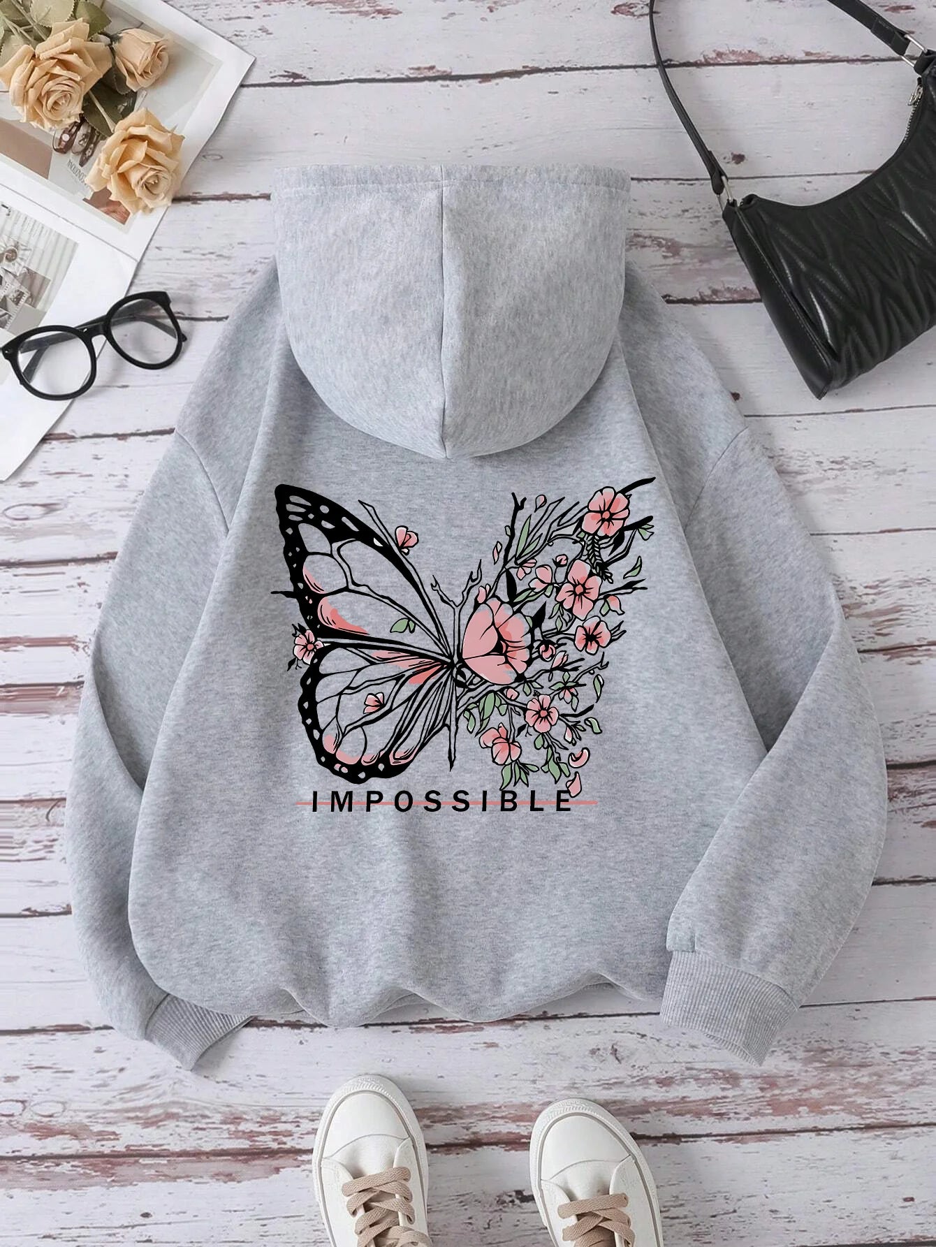 Women’s Rose Butterfly Print Hoodie – Casual Fleece Pullover.
