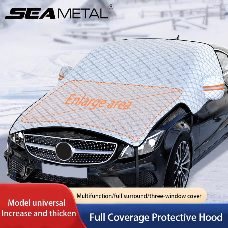 Car windshield snow and sun cover for protection against snow, ice, frost, UV rays, and heat.