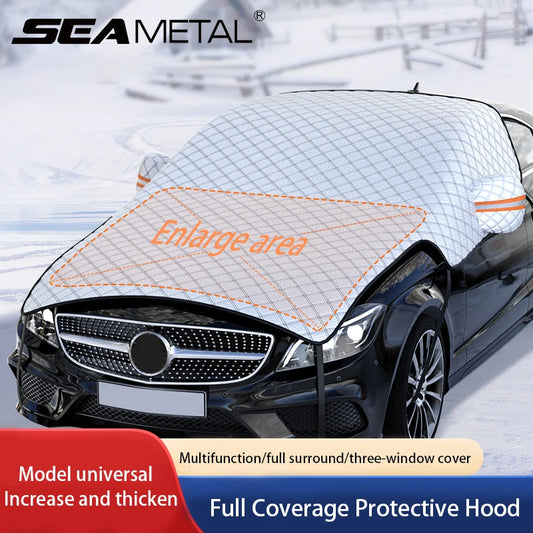 Car windshield snow and sun cover for protection against snow, ice, frost, UV rays, and heat.