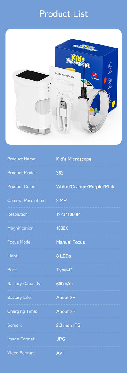 Pocket Microscope for Kids with 4K 2.0" Screen