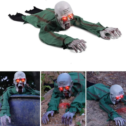 A crawling zombie Halloween decoration shown in a collage: one large view on a white background and three smaller views demonstrating it emerging from a dark hole, beside a blue barrel, and on outdoor ground with glowing red eyes and a green tattered suit.