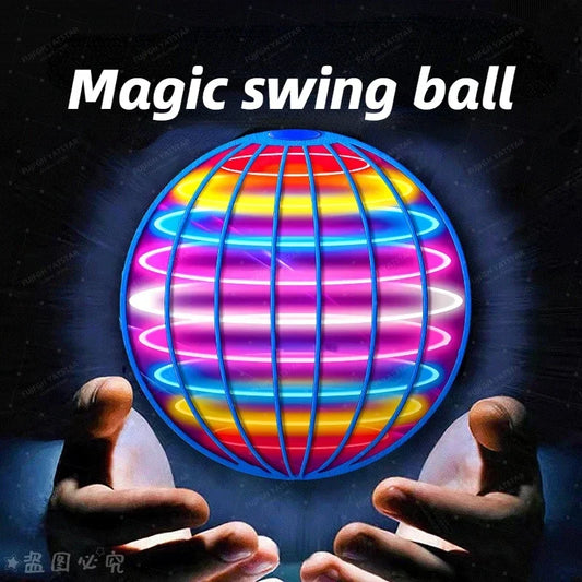 Flying ball spinner drone toy with LED lights for indoor and outdoor fun.