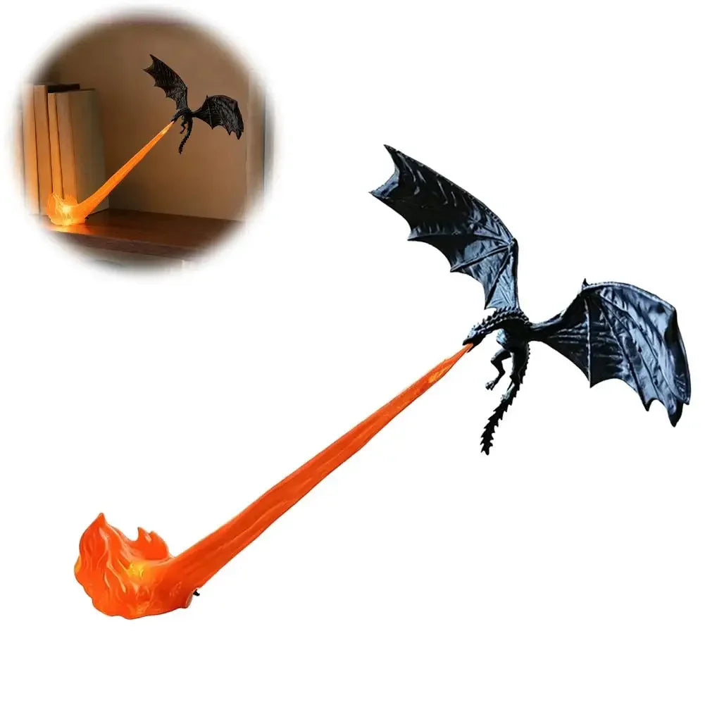 Black dragon-shaped fire arrowhead with a glowing orange flame effect, shown on a white background with a circular inset demonstrating the fire beam projected onto a shelf.