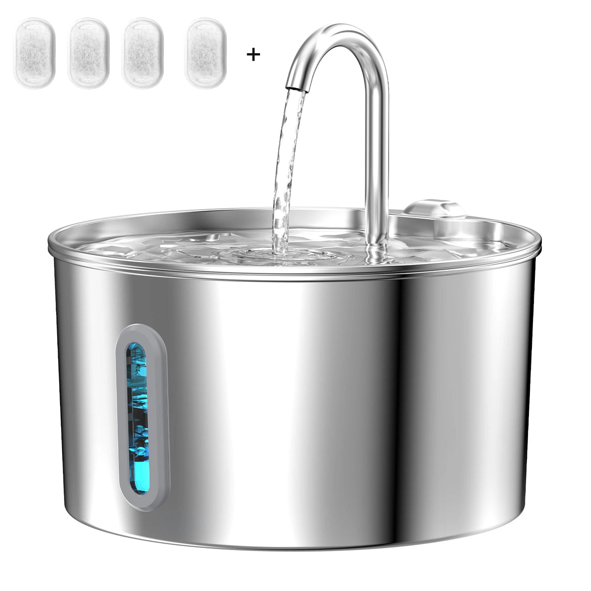 Stainless steel water filter with water flowing out on a white background