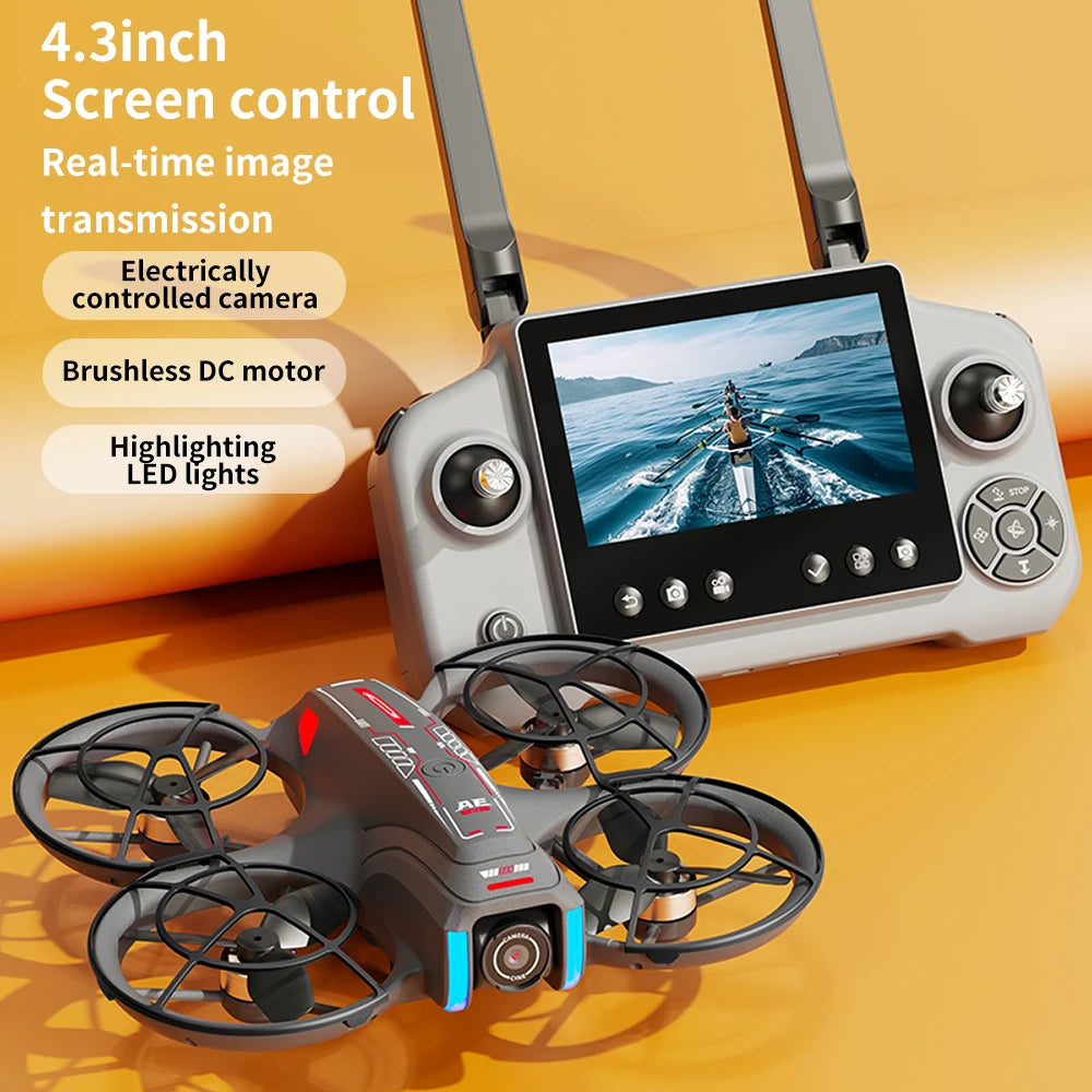Drone with a control panel displaying real-time images on an orange background