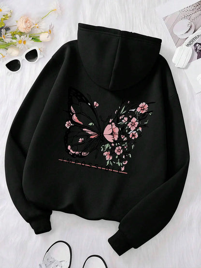 Women’s Rose Butterfly Print Hoodie – Casual Fleece Pullover.