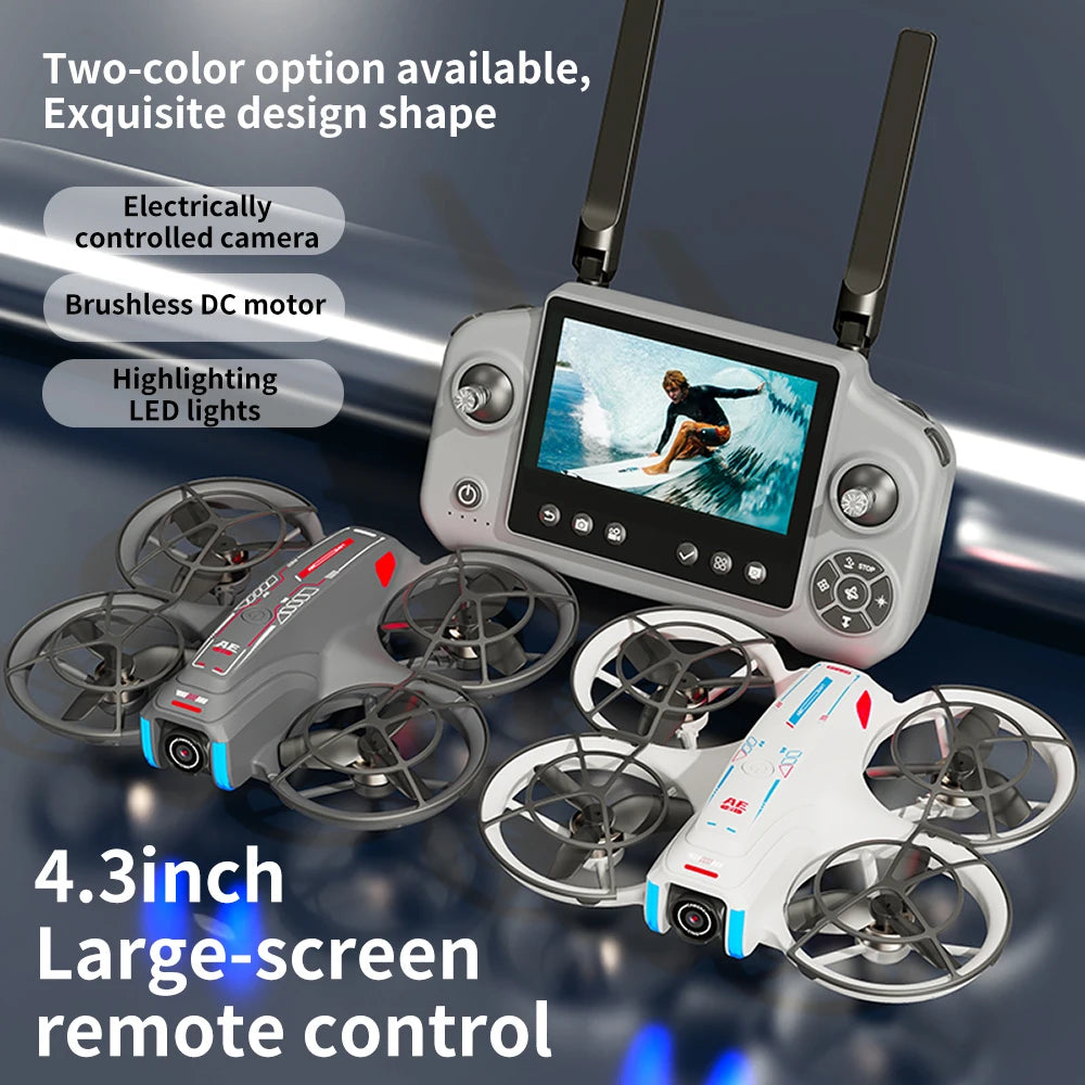 Drone with remote control and features highlighted on a dark background