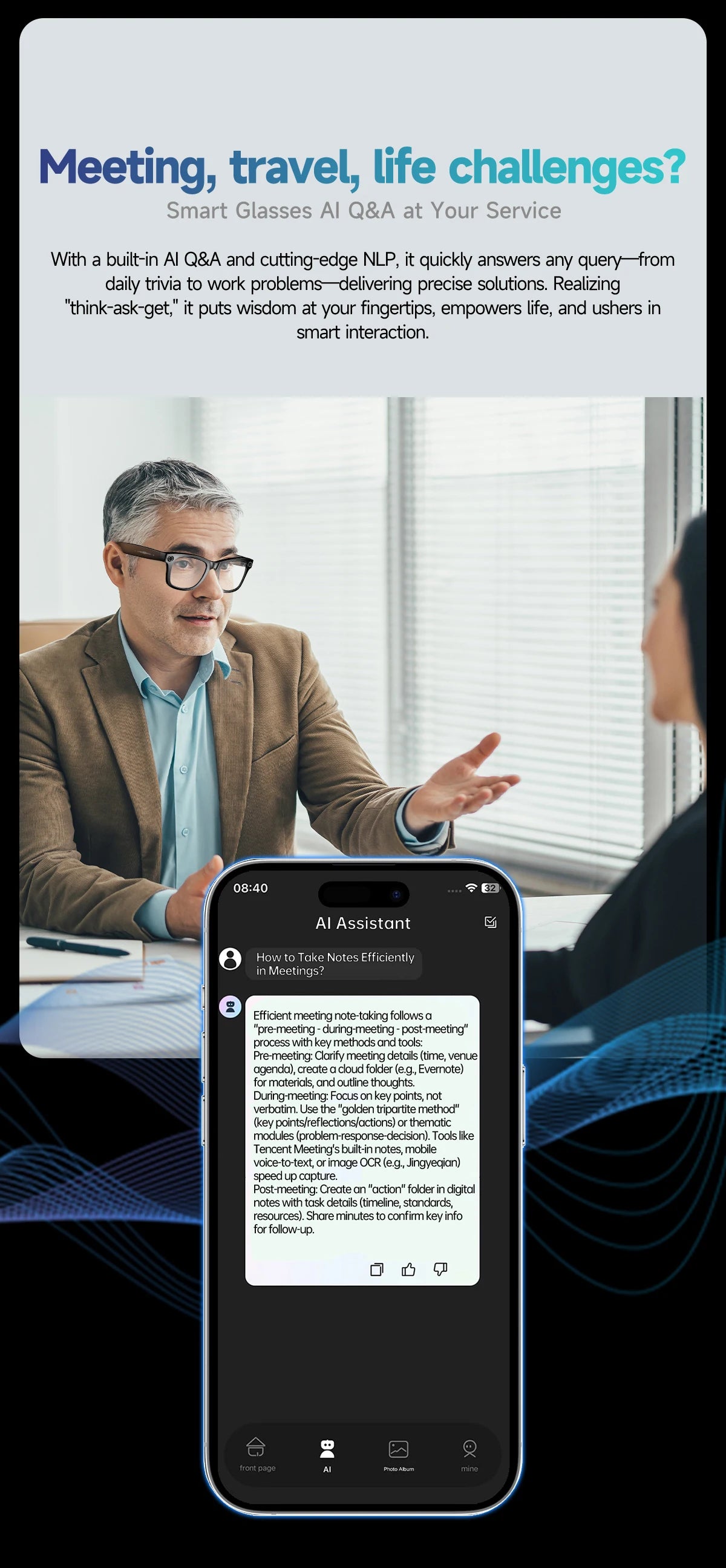 AI Smart Glasses with Camera, Bluetooth & Translation