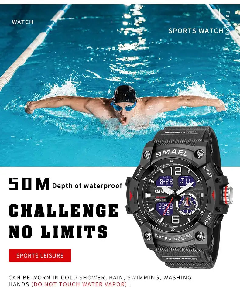 SMAEL Men’s Military Sport Digital Watch – Waterproof Dual Time LED with Alarm & Stopwatch
