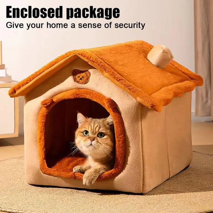 Semi-Enclosed Plush Cat and Small Dog Bed House