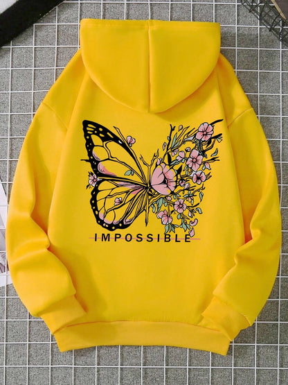 Women’s Rose Butterfly Print Hoodie – Casual Fleece Pullover.