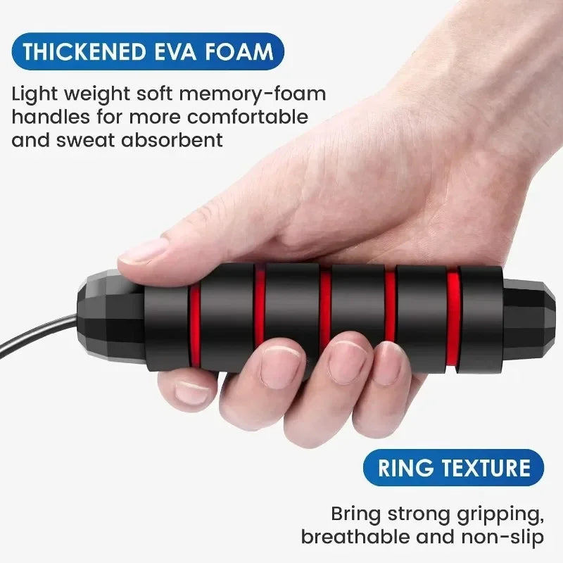 Hand holding a black and red握力器 with text about thickened EVA foam and ring texture