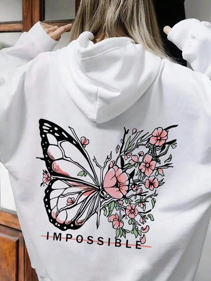 Women’s Rose Butterfly Print Hoodie Casual Fleece Pullover