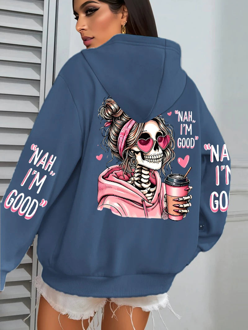 Women Funny Printing Hoodie – Loose Multicolor Fleece Hoody