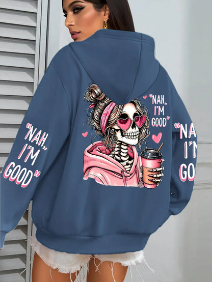 Women Funny Printing Hoodie – Loose Multicolor Fleece Hoody
