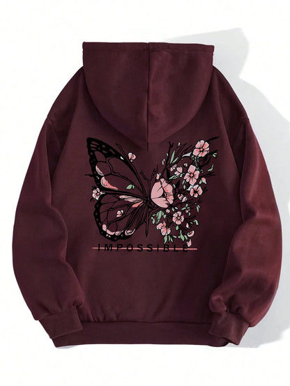 Women’s Rose Butterfly Print Hoodie – Casual Fleece Pullover.