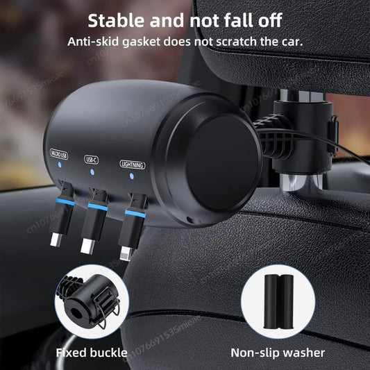 3-in-1 retractable backseat car charger with multiple charging cables for fast charging smartphones and devices during travel.