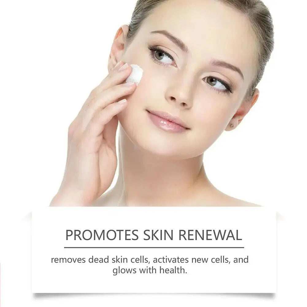 Woman applying cream to her face with text promoting skin renewal.